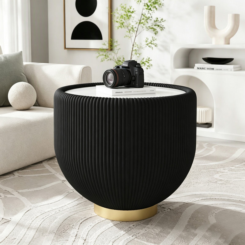 Table d'appoint ronde moderne en pierre frittée avec rebord en cuir