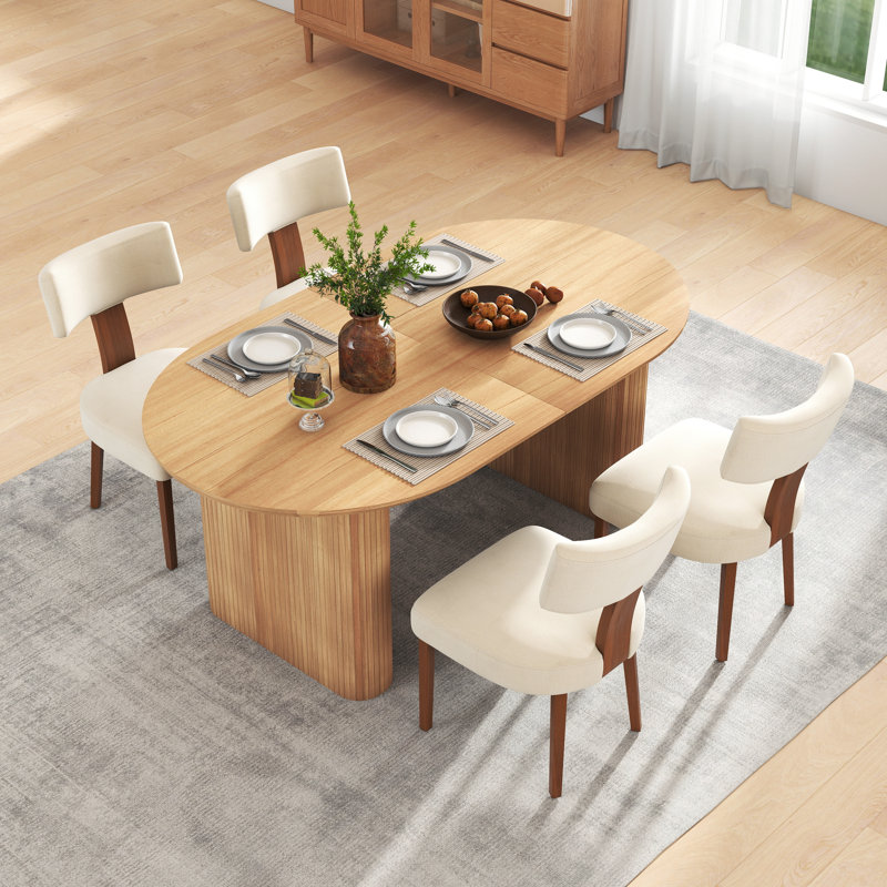 Modern Farmhouse Solid Wood Extendable Dining Table Set for 4-8 People, Beige, 5 Pieces: Table, 4 Chairs, Oak