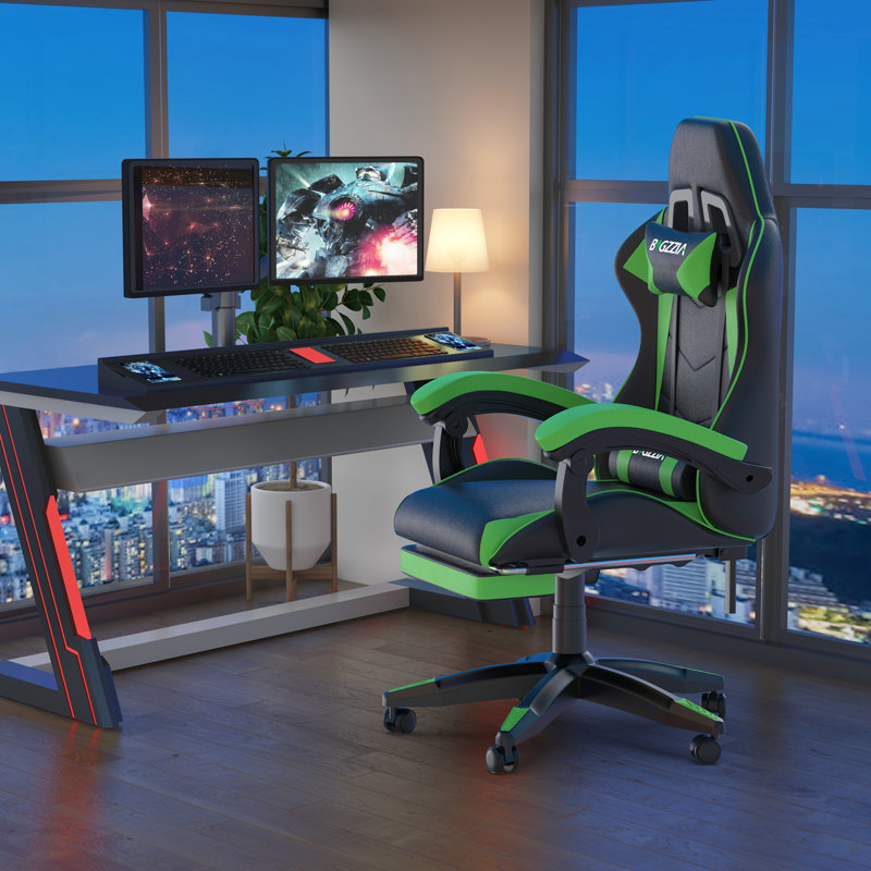 Reclining Game Chair With Footrest, Black/Green