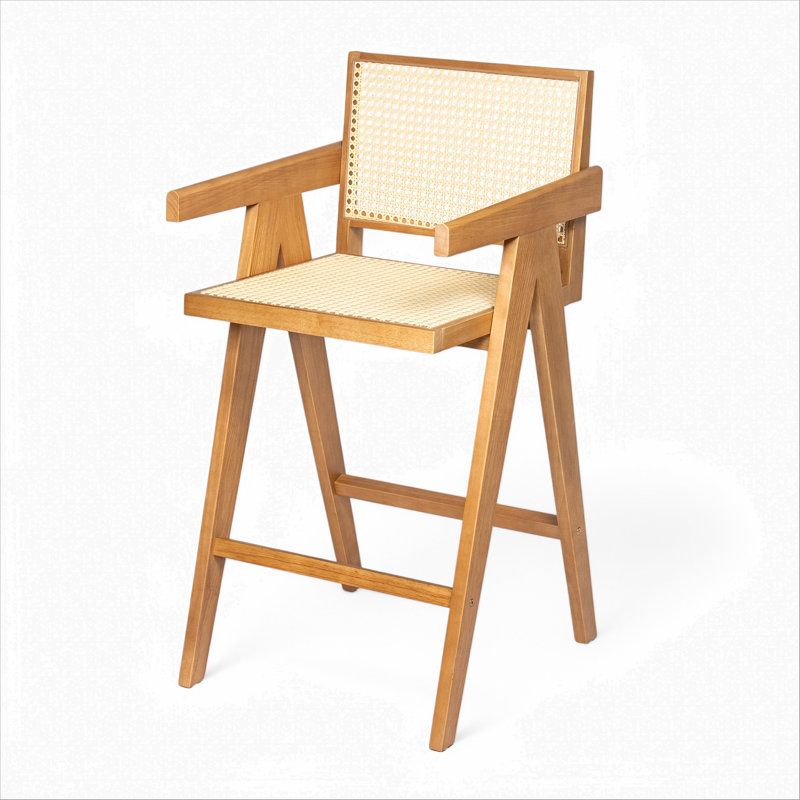 27 po, tabouret de bar minimaliste moderne avec siège canne, structure en bois massif, finition naturelle, Naturel