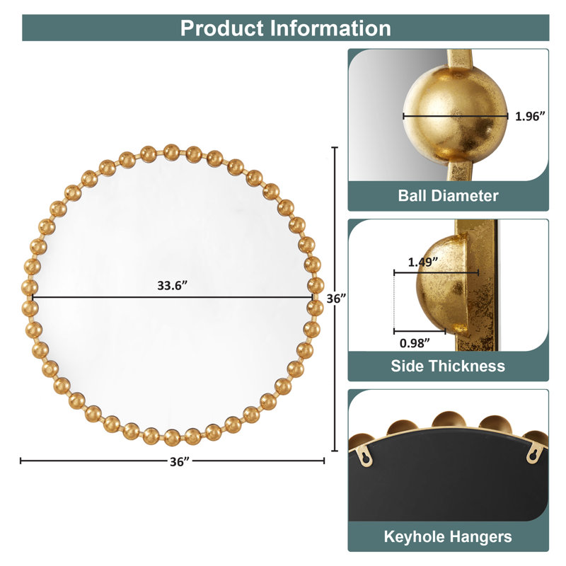 36" Round Gold Beaded Metal Wall Mirror
