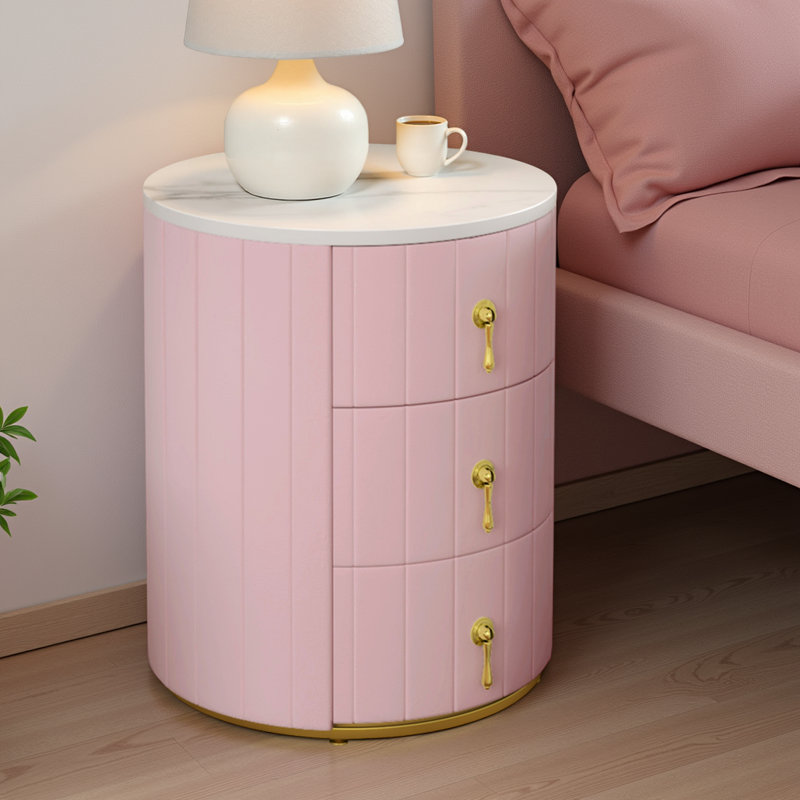 Table de chevet 3 tiroirs en velours avec dessus marbré, entièrement assemblée (poignées seulement), Rose, Individual