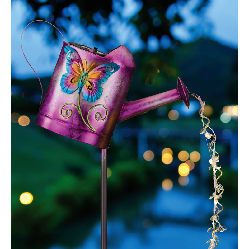 Colorful Metal Butterfly Watering Can Solar Stake with LED Lights
