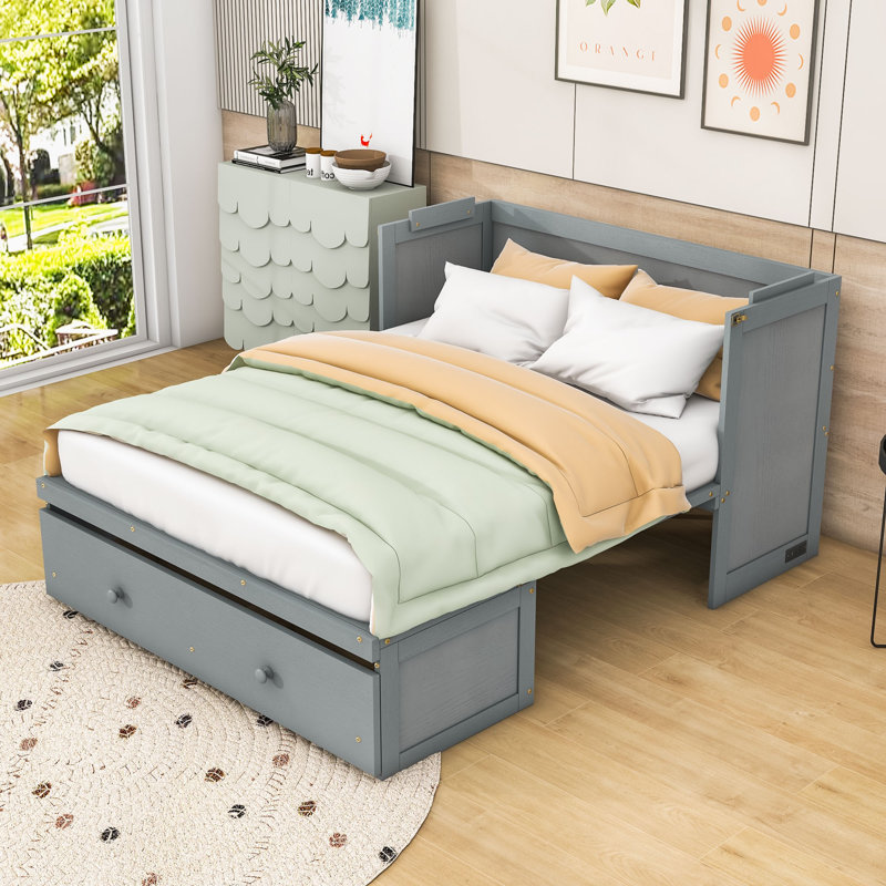 Wooden Murphy Bed with USB Port and Drawer, gris, Double