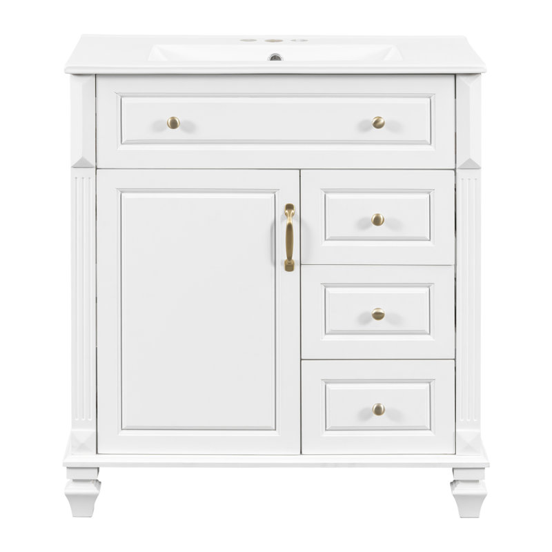 Armoire de meuble-lavabo autoportante de 30 pouces avec tiroir escamotable, 3 tiroirs et armoire de rangement, bois massif et panneau de fibres à densité moyenne, comptoir en céramique