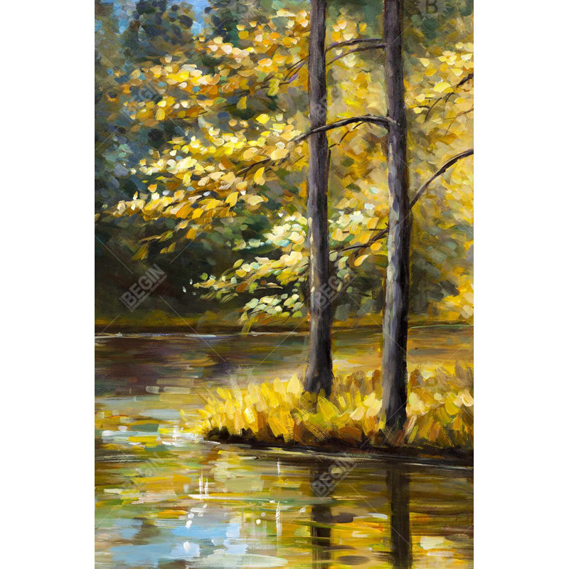 Paysage d'automne au bord de l'eau - Arbres contemporains sur toile, H 37,25 po x l 25,25 po