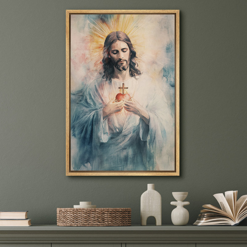 Sacred Heart of Jesus Canvas Print Wall Art - Christian Religious Watercolor Decor for Living Room or Chapel, Natural