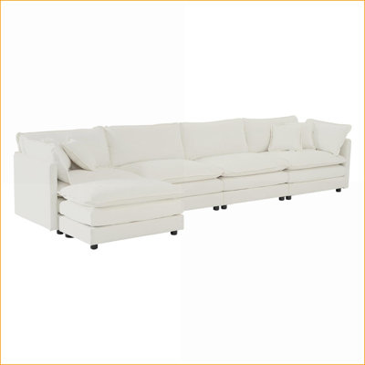 Sectional Sofa, 5-Seater U-Shaped Modular Convertible Couch with Ottoman | Ivory Chenille | White