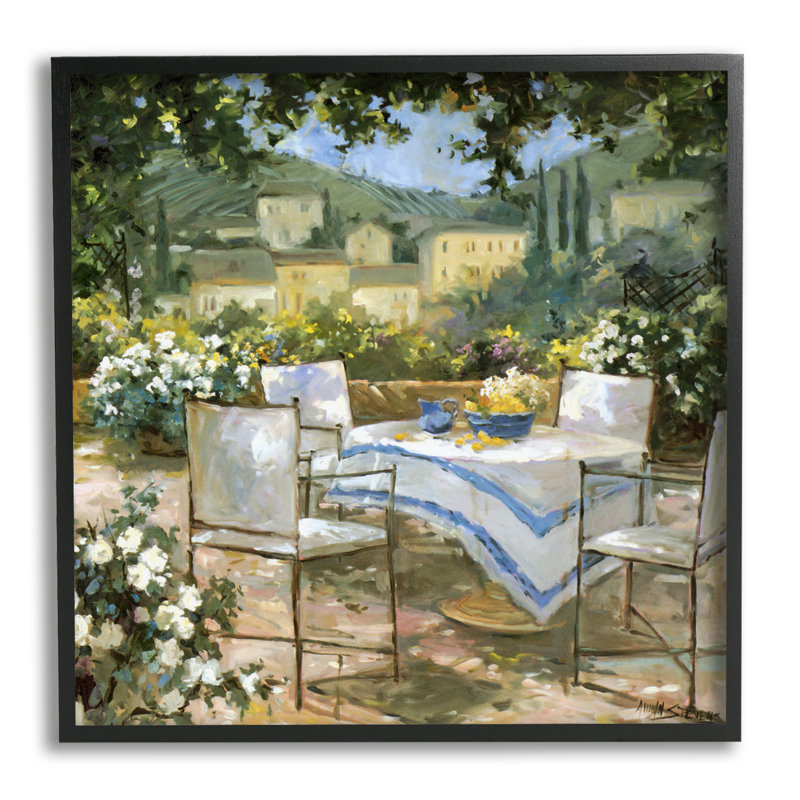 Paysage floral de patio Villa par Allayn Stevens, Giclée encadrée noir minuit, H 12 po x l 12 po