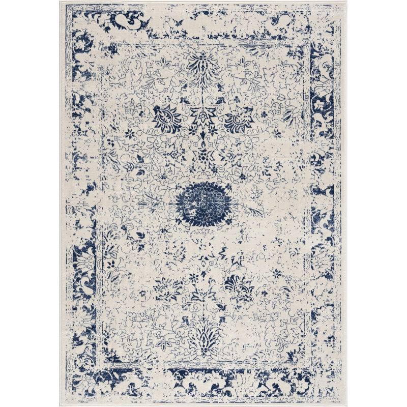 Rug Branch Naveen 8' x 11' (7'9" x 10'8") Navy Blue/Cream Floral Medallion Indoor Area Rug, Contemporary, Low Pile, Stain-Resistant Carpet - Living Room, Bedroom, Dining Room, and Kitchen