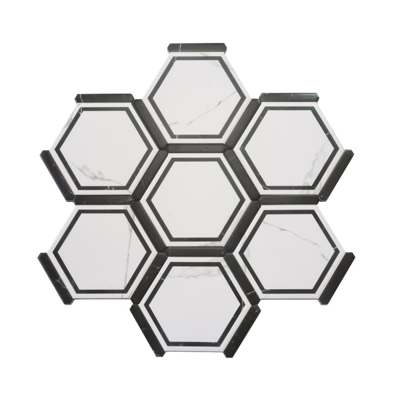 Aureole 8,66 po X 9,84 po Carreau de mur et plancher hexagonal en porcelaine blanc mat et noir (8,07 pieds carrés / caisse) - 18 feuilles