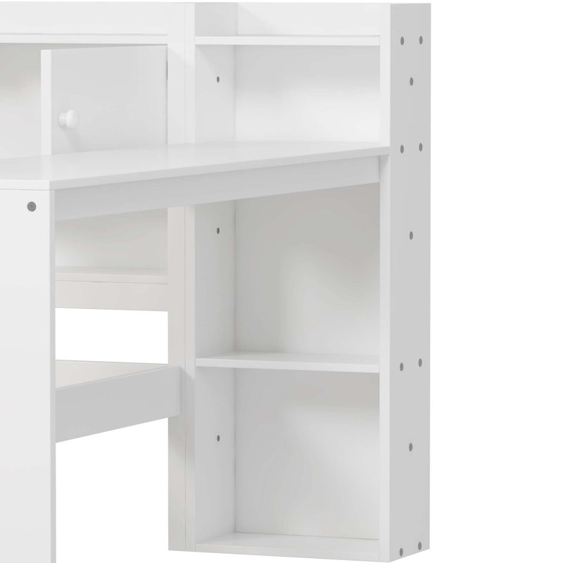 Wooden L-Shape Daybed With Seven Storage Cabinets And Two Storage Drawers, Multi-Functional Bed With Study Desk And Built-In Bookshelf
