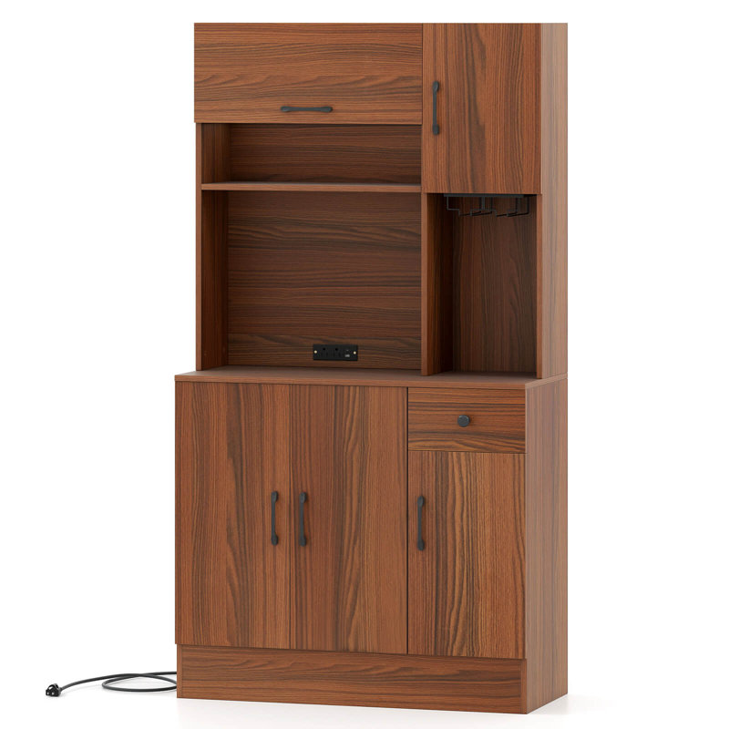 66" Pantry Cabinet Tall Kitchen Storage Cabinet with Charging Station Brown