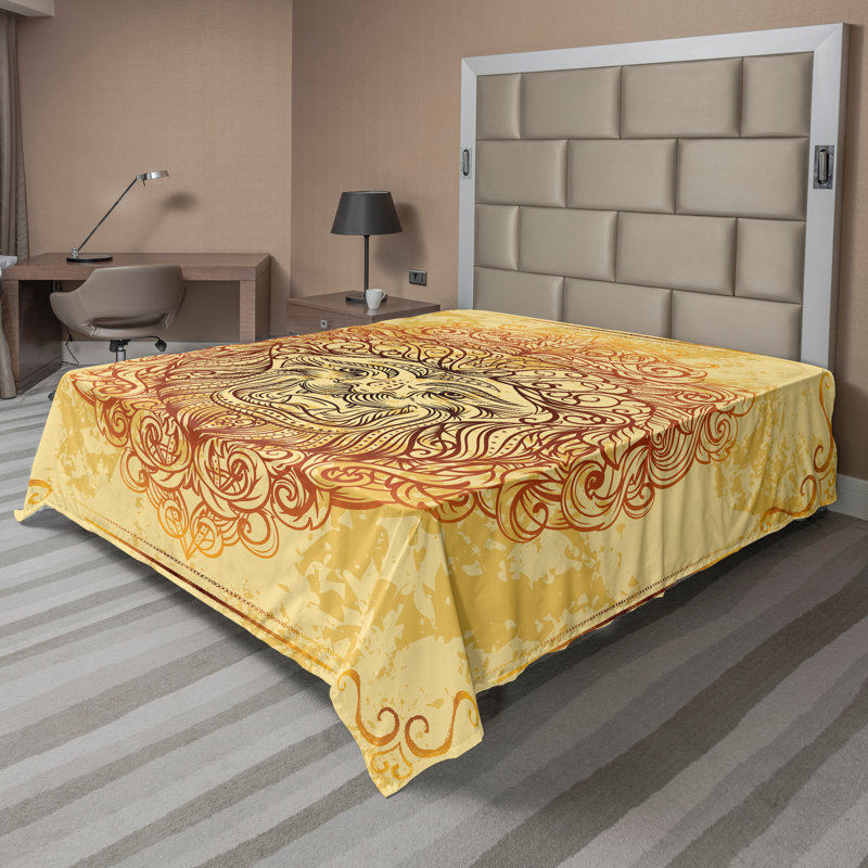 «Ambesonne Savannah», dessus plat, lion, zodiaque, art astrologique, orange, jaune, Drap plat pour très grand lit californien