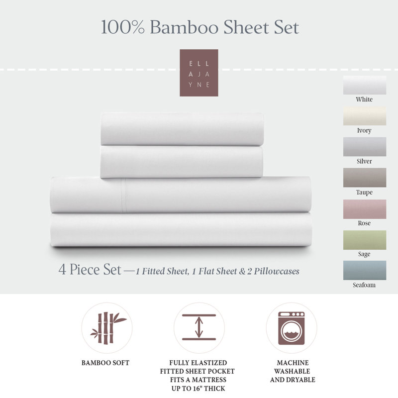 Ella Jayne Bamboo 4-Piece Sheet Set, White, Queen