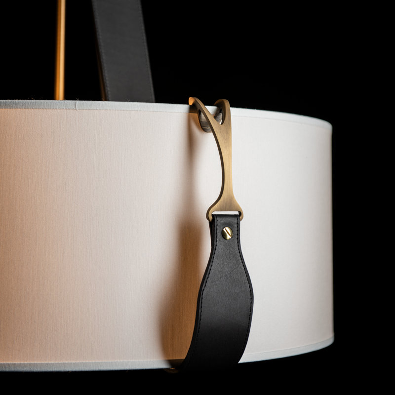 Saratoga 3 - Light Drum Pendant, British Brown Leather, Natural Anna Shade, Antique Brass