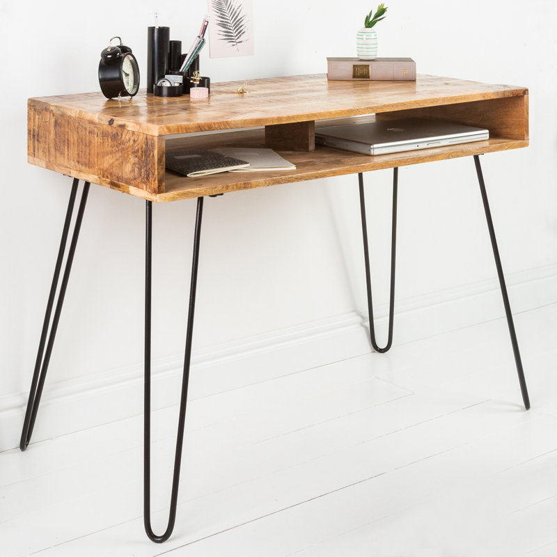 Theodora Solid Wood Top Metal Base Writing Desk, Natural