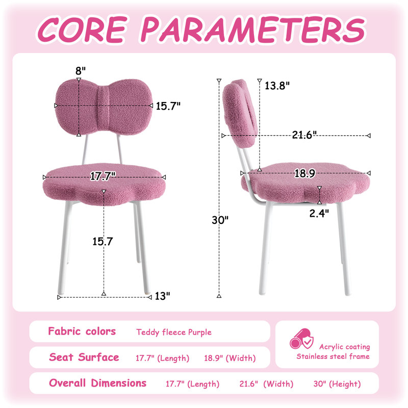 Chaise de bureau pour adolescent Chaise de coiffeuse pour fille Chaise de bureau pour enfant Teddy, Mauve