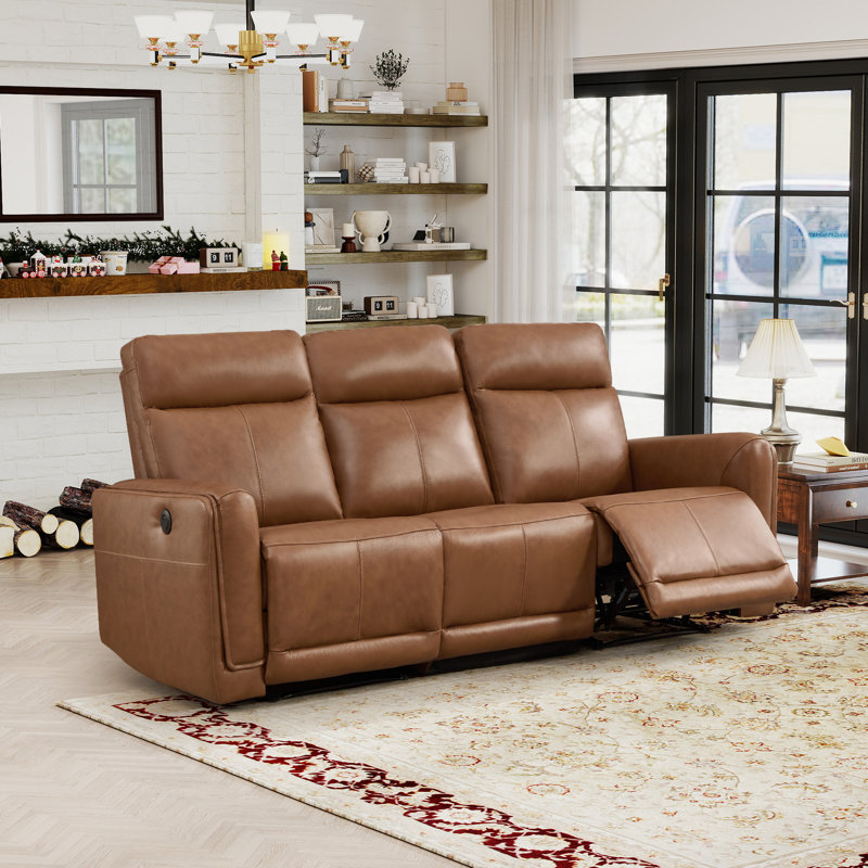 82"Wide Modern Skin-friendly Genuine Leather Power Reclining Sofa with USB & Type-C, Caramel Brown