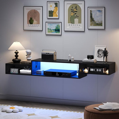 59" Floating Entertainment Center TV Shelf with LED Light Power Outlet,Storage. by Gracie Oaks