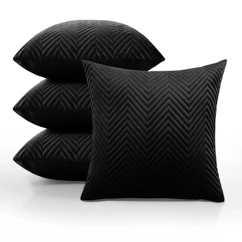Luxury Chevron Embossed Quilted Pattern Velvet Cushion Cover Set (4-Pack) - Soft Throw Cushion Cover for Home Décor, Black
