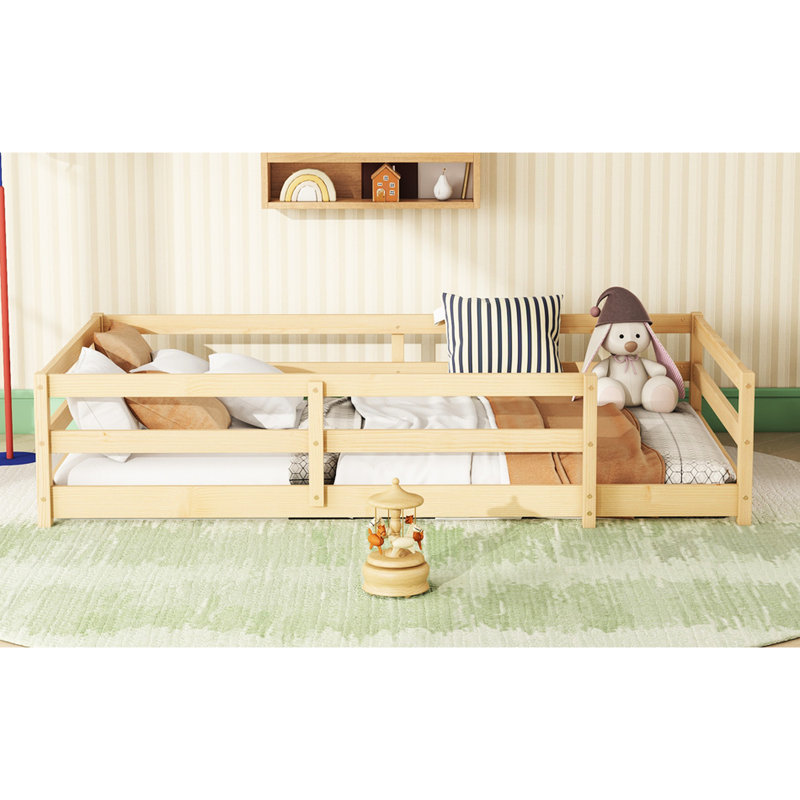 Lit de sol simple de taille naturelle avec clôture pour, pin de haute qualité, structure stable, sans sommier, installation rapide, zone d'utilisation polyvalente «Bedtime Calmness Relax»