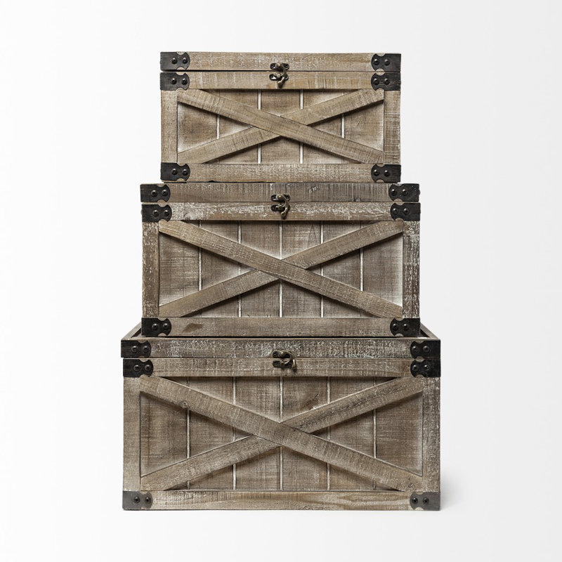 Set of 3 Light Brown Wooden Storage Boxes with Metal Accents