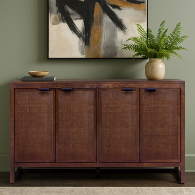 Ameer Modern Boho Solid Wood Sideboard Cabinet with Rattan Inlay Doors, Adjustable Shelves & Soft-Close Storage - Walnut