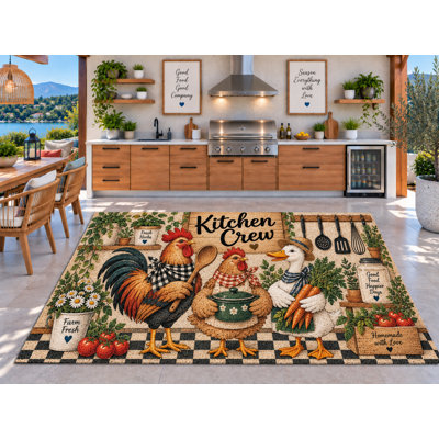 Tapis d'extérieur 152 x 213 cm (5' x 7') style ferme, motif coq, poule, canard et potager. Tapis bouclé épais en PVC imperméable, séchage rapide, idéal pour l'intérieur et l'extérieur (cuisine, porche, terrasse, entrée).