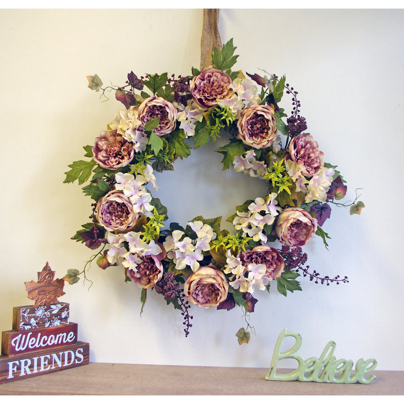 Couronne en hortensia et chou rose dahlia en polyester 22 po, Mauve