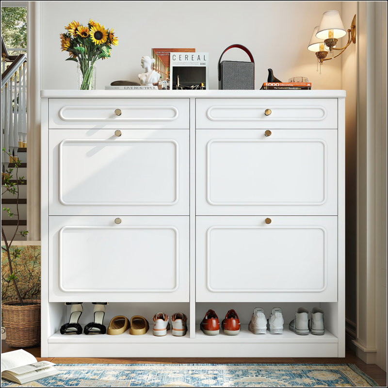 Wooden Shoe Cabinet with 4 Flip Drawers and 2 Storage Drawers, Light White