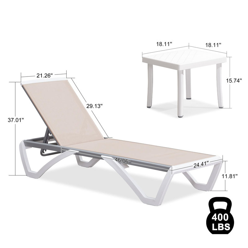 L'ensemble de 3 chaises longues pour patio comprend 2 chaises sans accoudoirs + 1 table d'appoint à l'extérieur en aluminium et plastique / kaki