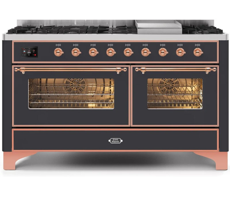 ILVE Majestic II Series 60 inch Dual Fuel Range with 9 Burners, Griddle (Glass Door), Graphite Matte/Copper, Natural Gas