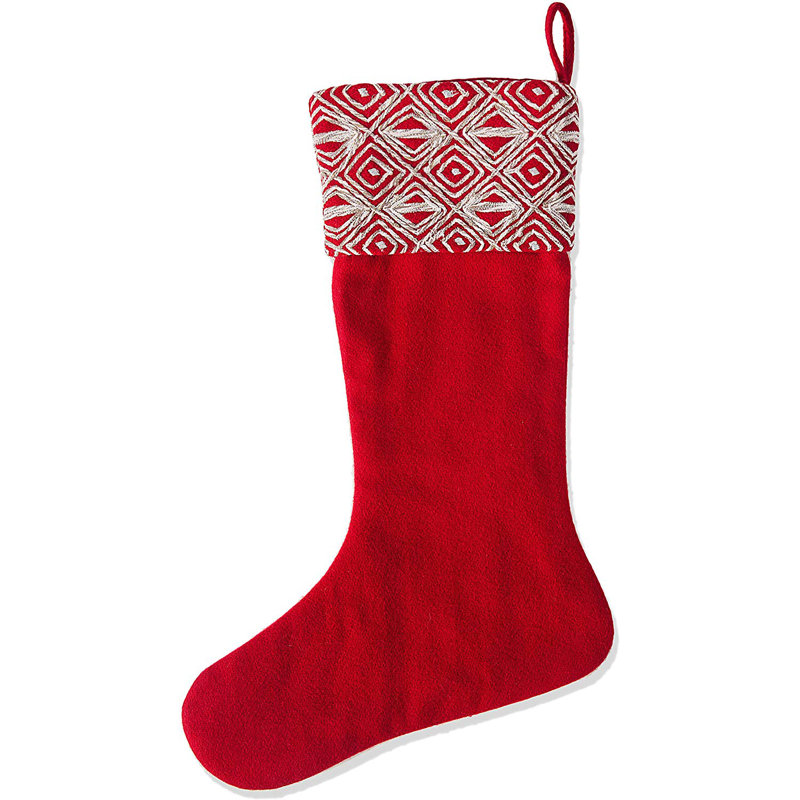 Handmade Recycled Wool Christmas Geo Embroidered Cuff Stocking