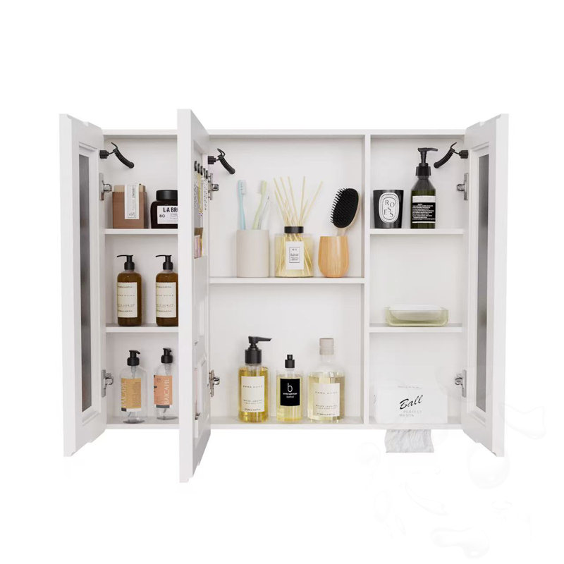 Armoire de salle de bain à miroir DEL avec 3 portes, crochets et poches de rangement