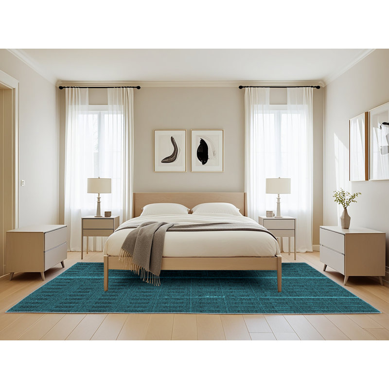 Tapis abstrait en laine bleu sarcelle, Rectangle 5 pi x 8 pi