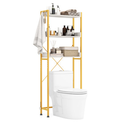 Rangement de salle de bain à 3 niveaux Topbuy avec rangement pour la salle de bain avec barre inférieure réglable pour la plupart des toilettes - blanc et or