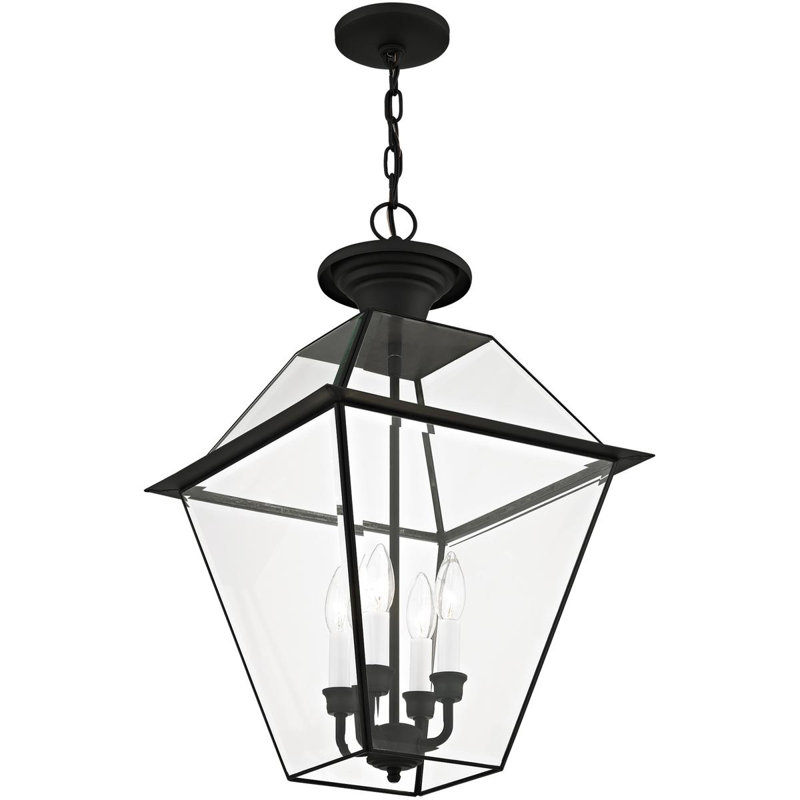 15in 4 Light Outdoor Chain Lantern Pendant Lighting + Clear Beveled Glass Shade [ Title], Black