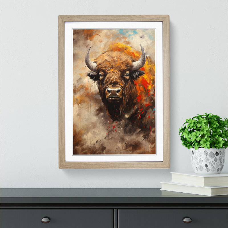 Bison Gestural Art - Framed Print, Oak Framed, 64cm H x 46cm W x 2cm D