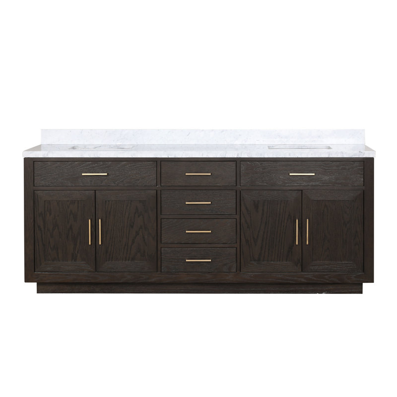84" Double Bathroom Vanity Set, Brown Oak, White Carrara Marble
