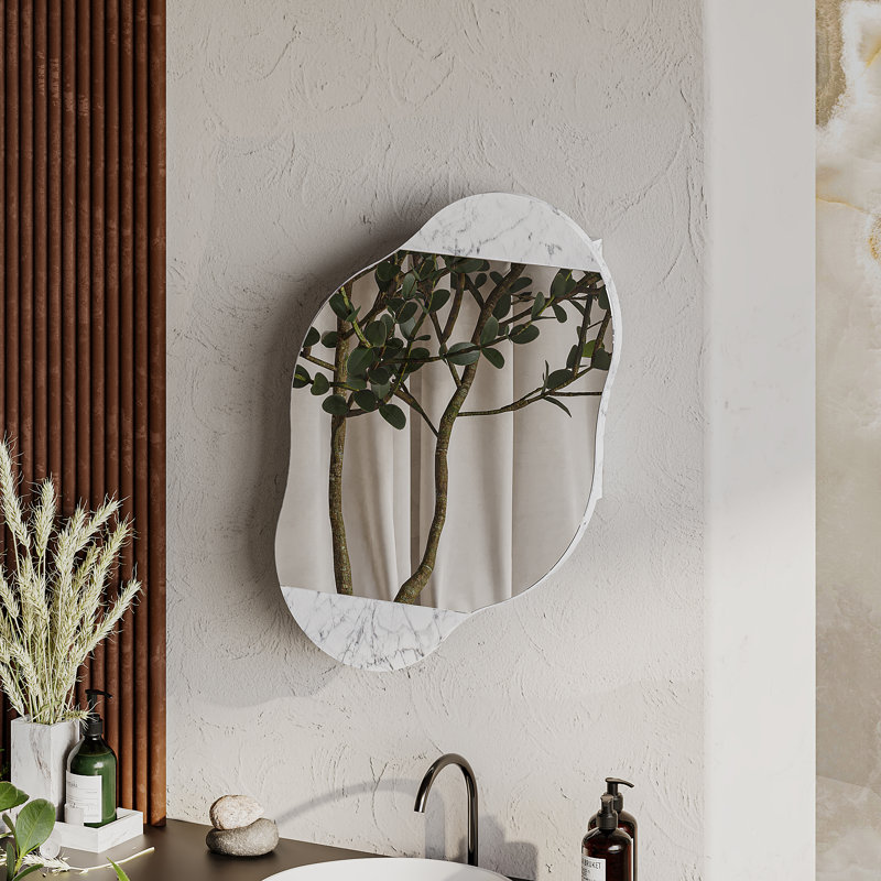 Burko Wavy Wall Mirror with Hidden Storage Shelves, White Marble