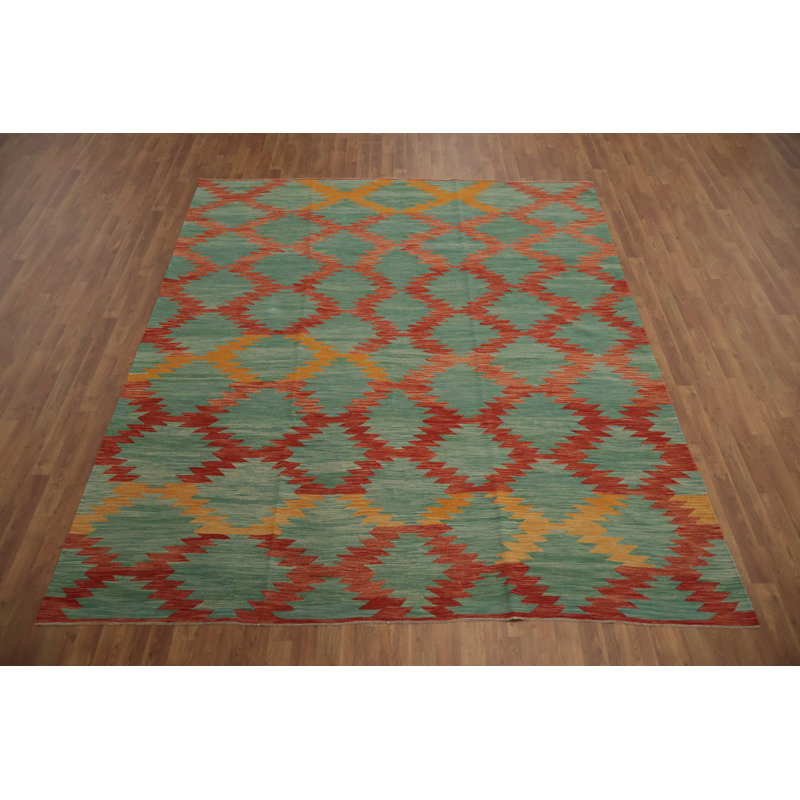 Tapis vert kilim en laine vert 8 x 10