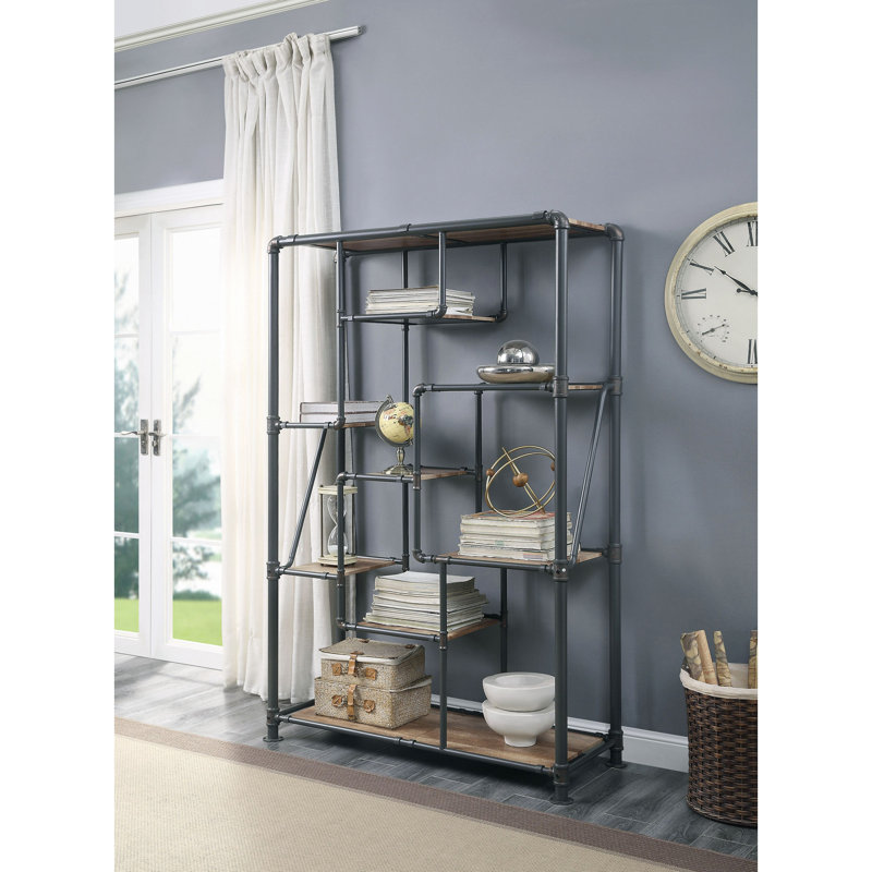 Bibliothèque géométrique Forshee en chêne antique et gris sable, (7 tablettes) 75 po H x 49 po L x 20 po P