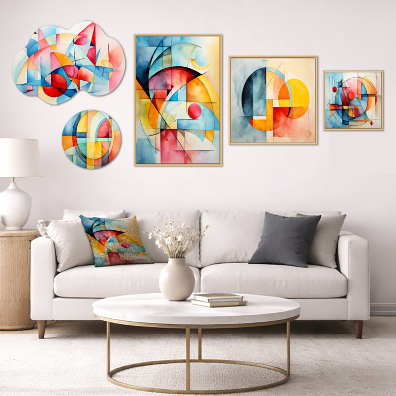 Cubes de couleur douce II - ensemble de 5 décorations murales abstraites surdimensionnées, toile et métal (100 po x 40 po)