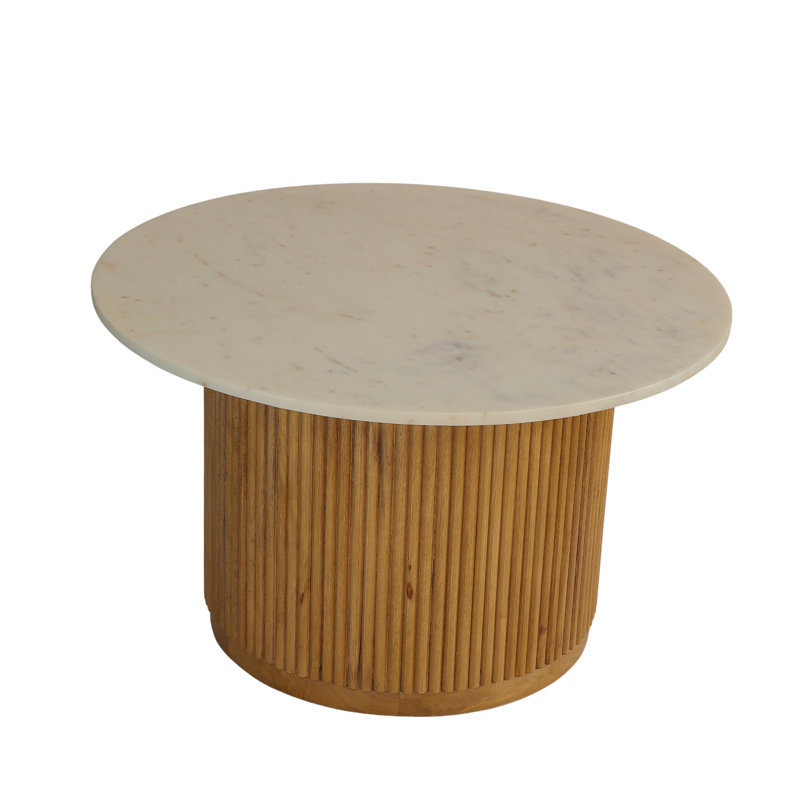Elena Marble Top Coffee Table with Solid Wood Fluted Base, White/Natural