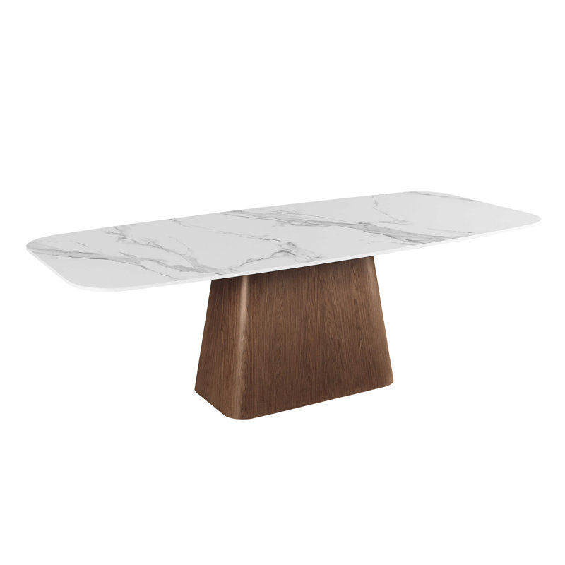Kenza Modern Marbleized White Glass Dining Table with Wooden Base