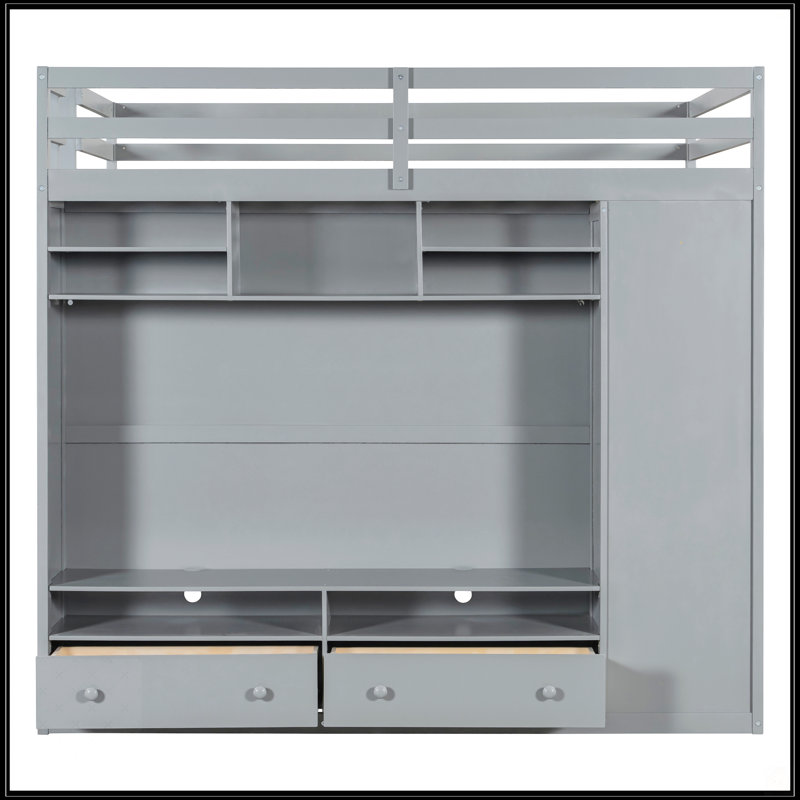 Lit mezzanine double avec tiroirs, Gris