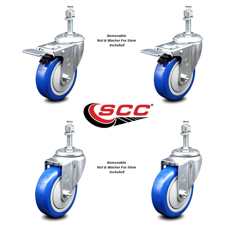 Ensemble de roulettes à tige pivotante en polyuréthane 4 pouces 10mm, 2 freins à verrouillage total SCC, Bleu
