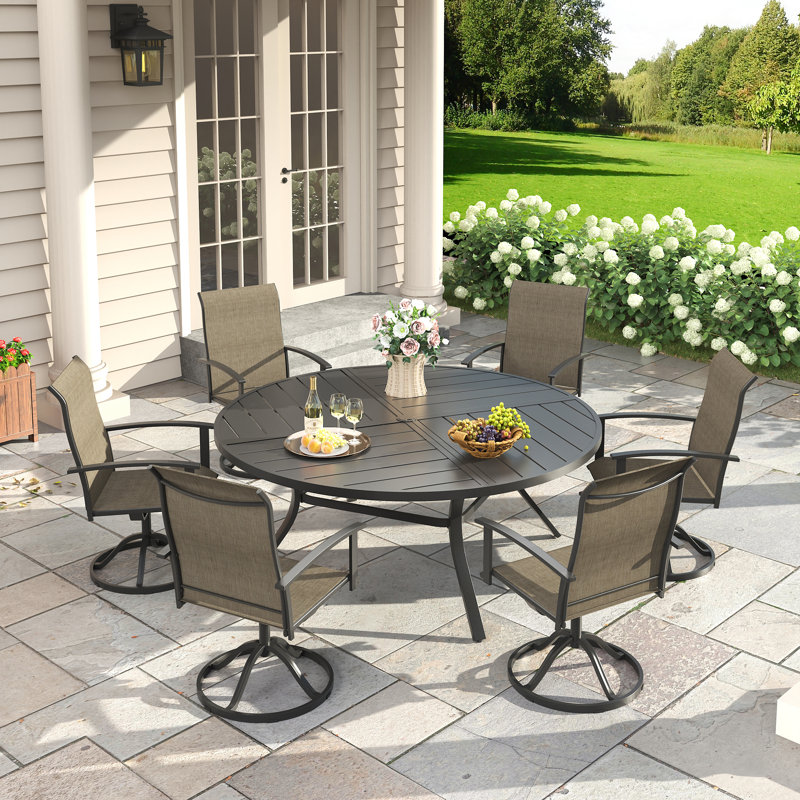 6-Person Patio Swivel Dining Set with 50" Dining Table and PVC-coated polyester Swivel Dining Chairs, Black/Brown