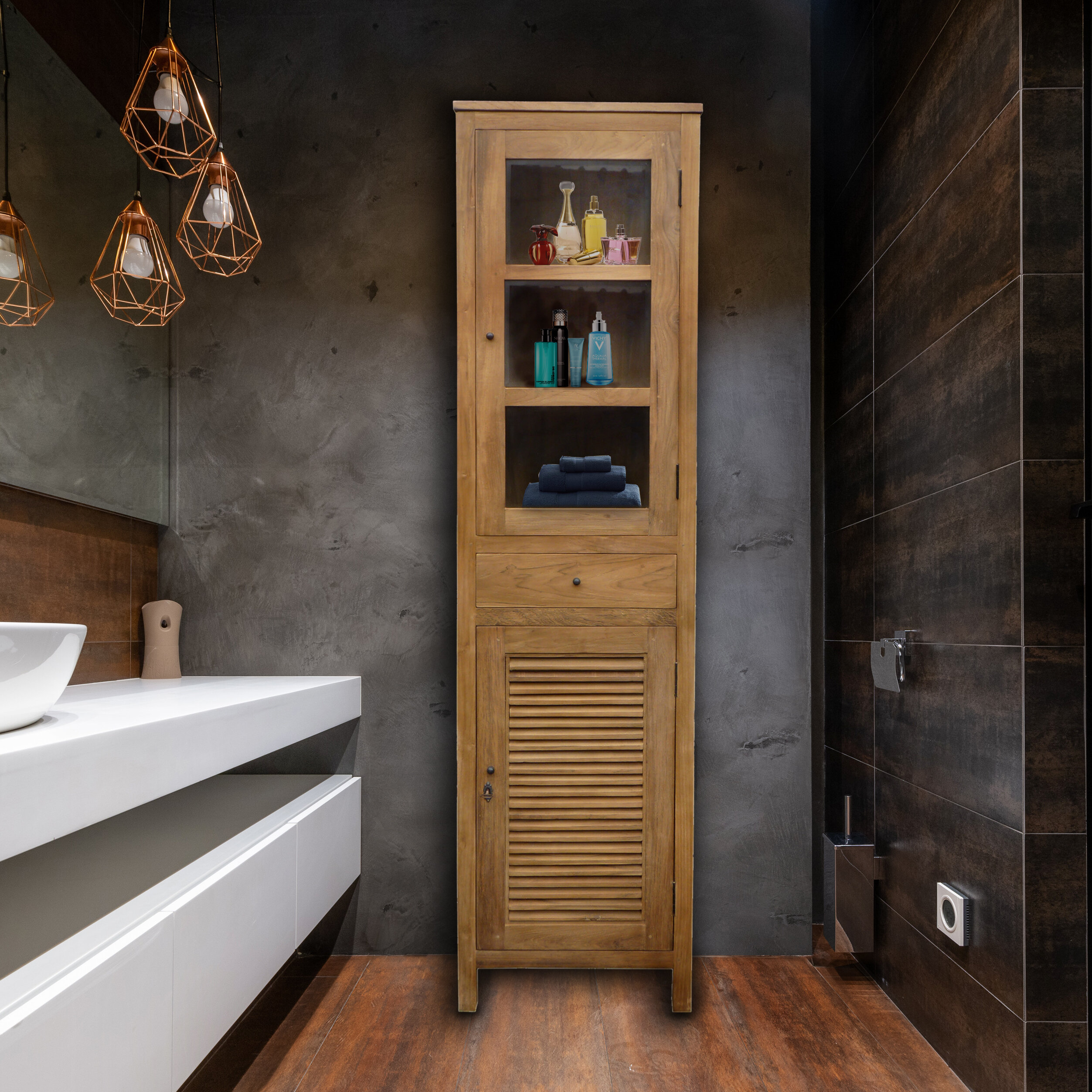 Recycled Teak Wood Lumbrera Vertical Bathroom Linen Cabinet with 1